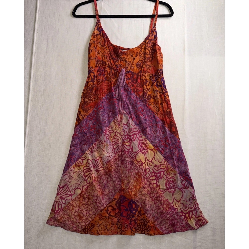 Santiki Batik Cotton Sundress Orange Purple Pink Rayon Chevron Large Lace Tie